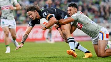 Cronulla's Nicho Hynes soared back into top spot on the Dally M leaderboard after a masterful showing for the Sharks at Canberra. Picture NRL Images/Neamy